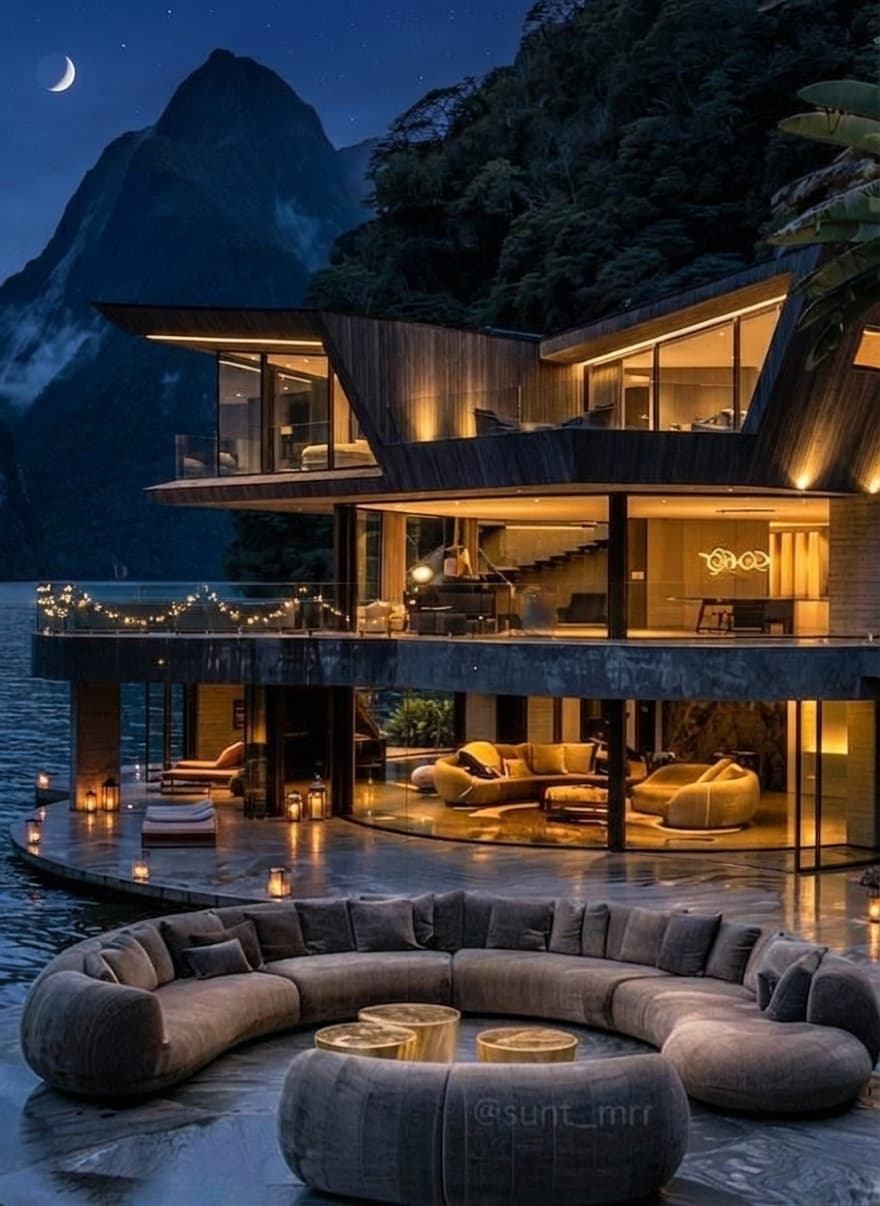 Luxury Waterfront Villa Night Modern